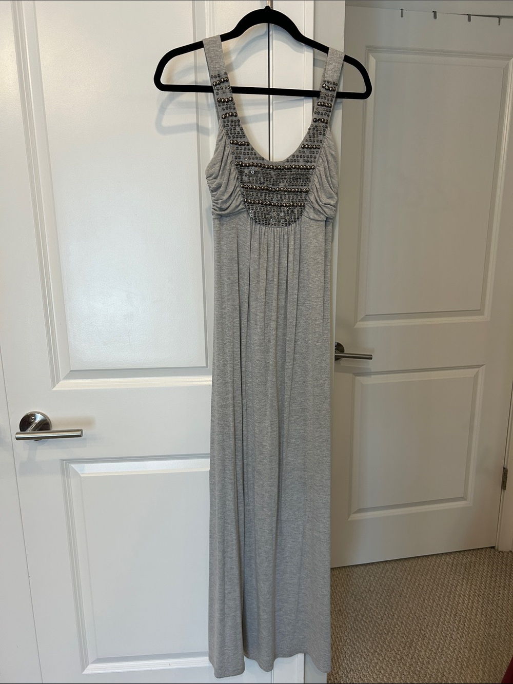 Soprano Beaded Scoop Neck Maxi Dress - Light Gray